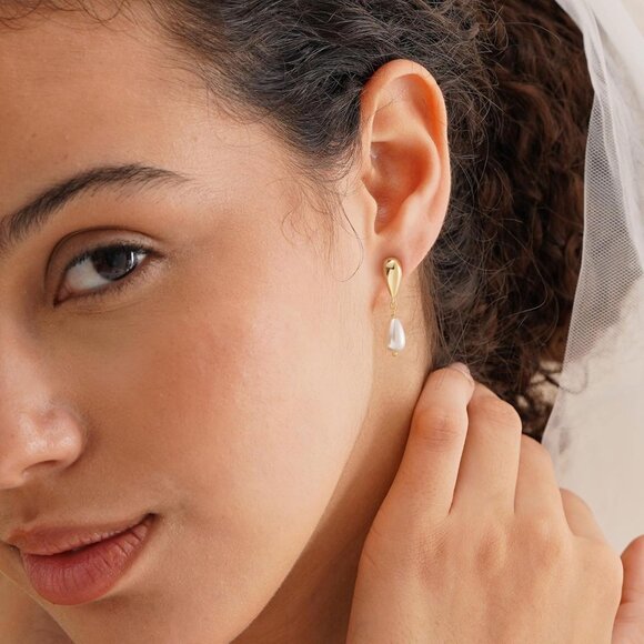 Dainty Pearl Drop Earrings for Women 14K Gold Plated CZ Wedding Stud Dangle Gift - Picture 4 of 6